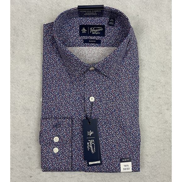 Original Penguin Mens Dress Shirt 16.5 32/33 Slim Fit Stretch Micro Floral NEW - Picture 1 of 7